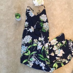 Navy blue maxi dress with flowers - adjustable top